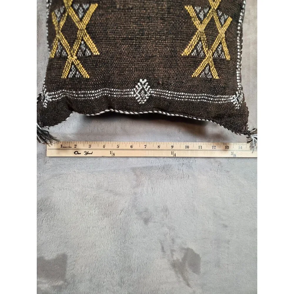 Handmade Moroccan Style Lumbar Pillow 14x20 Brown Embroidered Boho Tassel